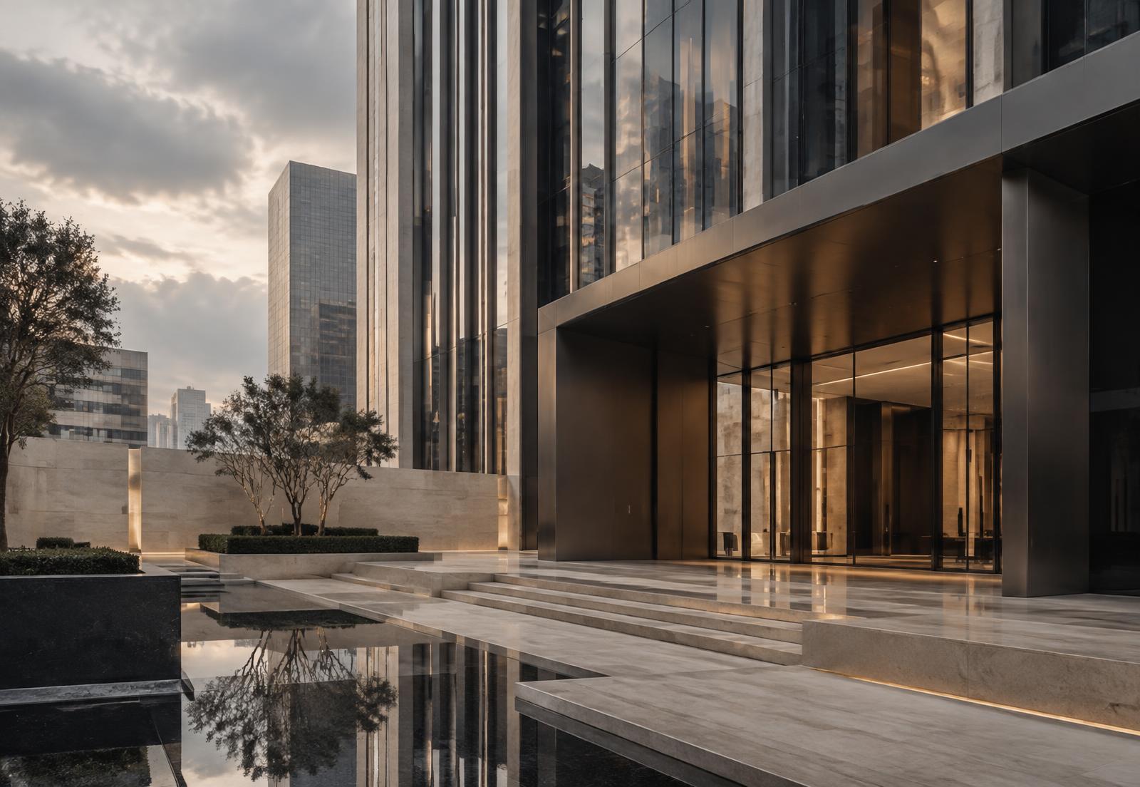 Modern commercial real estate and civic plaza